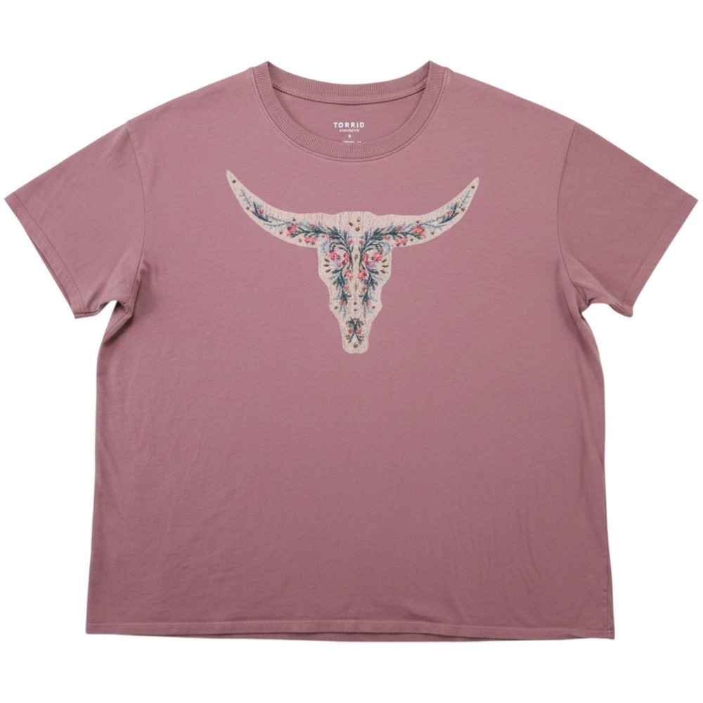 Torrid Shirt Womens 2 2X Pink Steer Head Relaxed Fit Beaded Short Sleeve Tee